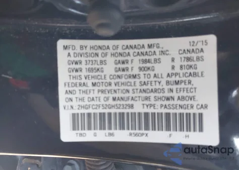 2016 Honda Civic Lx from USA, damaged, VIN 2HGFC2F52GH523298